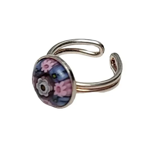 Sterling Silver Italy Millefiori Glass Cab Adjustable Ring Size 6